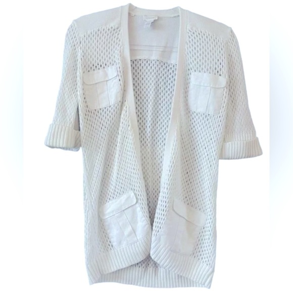 Chico’s Women's Open-Knit Sweater White size 2 (12/14) Cotton/Linen, Roll Tab SS - Picture 1 of 12
